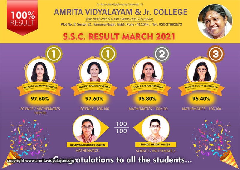 S.S.C. RESULTS 2021 Amrita Vidyalayam Pune